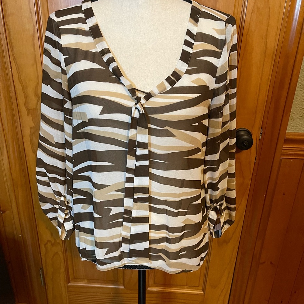 New York and Company, small, tan, beige, and brown vneck blouse